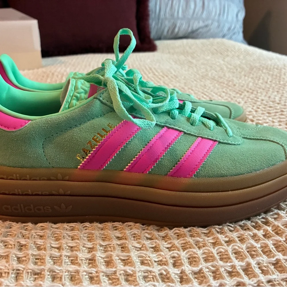 adidas mint green suede sneakers with pink stripes and gum platform